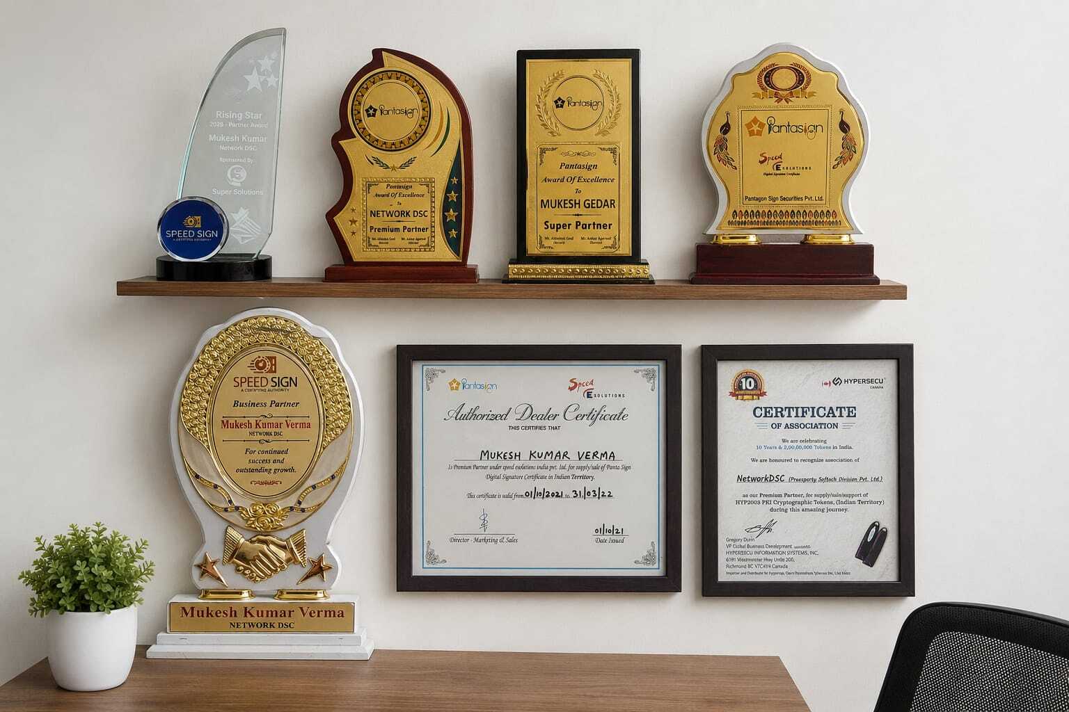 Shelf of awards and certificates displayed in NetworkDSC office